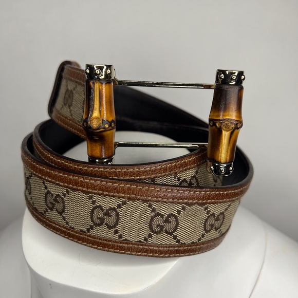 Gucci Bamboo Brown Gold Tan Leather Jackie Fabric GG Monogram Belt - Picture 7 of 10